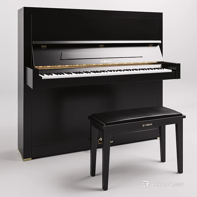 Black Yamaha Upright Piano With Matching Bench And Polished Surface Design 3d model 