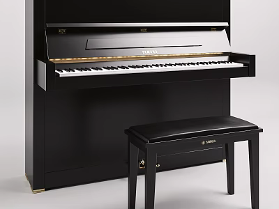 Black Yamaha Upright Piano With Matching Bench And Polished Surface Design 3d model