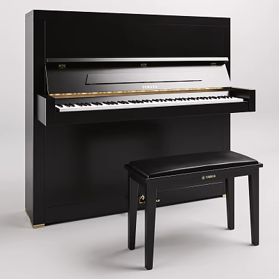 Black Yamaha Upright Piano With Matching Bench And Polished Surface Design 3d model