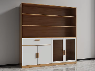Modern Multi Tiered Bookcase With Wooden Shelves White Cabinets And Glass Doors 3d model