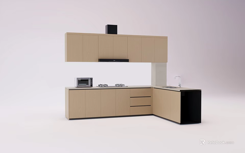 Modern Kitchen Interior With Light Wood Cabinets Black Accents Microwave And Sink 3d model 