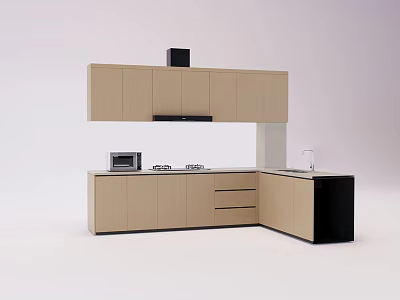 Modern Kitchen Interior With Light Wood Cabinets Black Accents Microwave And Sink 3d model