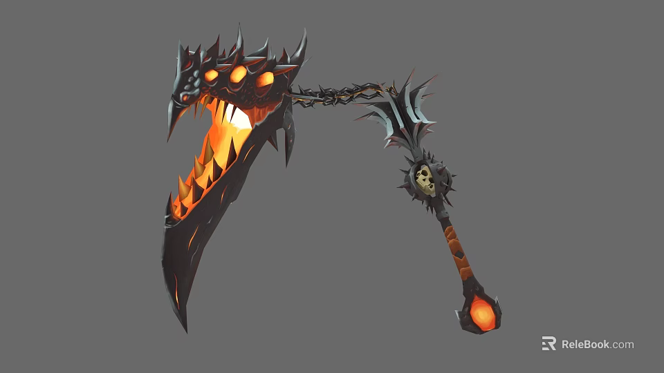 Dragon Head Spiked Weapon With Fiery Orange Flame Chain And Skull Decoration On Decorative Handle 3d model 