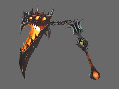 Dragon Head Spiked Weapon With Fiery Orange Flame Chain And Skull Decoration On Decorative Handle 3d model
