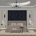 Elegant Beige Bedroom Interior With Tufted Headboard Geometric Paneled Wall Chandelier And Bedside Table Lamps