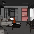 Modern Living And Dining Area Interior With Dark Ceiling Leather Sofa And Wine Cabinet