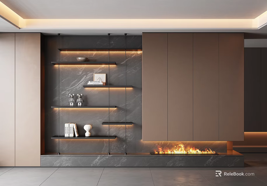 Modern Wall Mounted Shelving Unit With LED Lighting And Marble Backdrop 3d model 