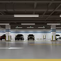 Modern Parking Garage With Yellow White Arrow Markings White Columns Blue Stripes And Parked Cars