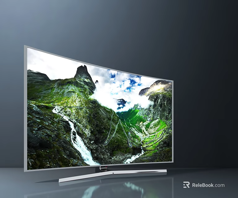 Curved Television Displaying Stunning Mountain Waterfall Scenery On Screen 3d model 