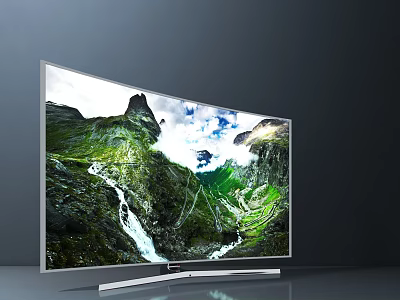 Curved Television Displaying Stunning Mountain Waterfall Scenery On Screen 3d model