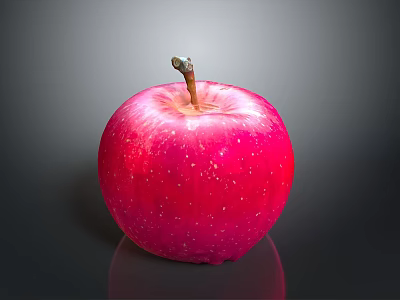 Shiny Red Apple With White Speckles And Brown Stem On Dark Background With Reflection 3d model