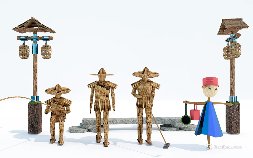 Traditional Agricultural Equipment Scarecrows In Rural Farm For Crop Protection 3d model 