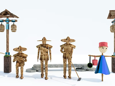 Traditional Agricultural Equipment Scarecrows In Rural Farm For Crop Protection 3d model