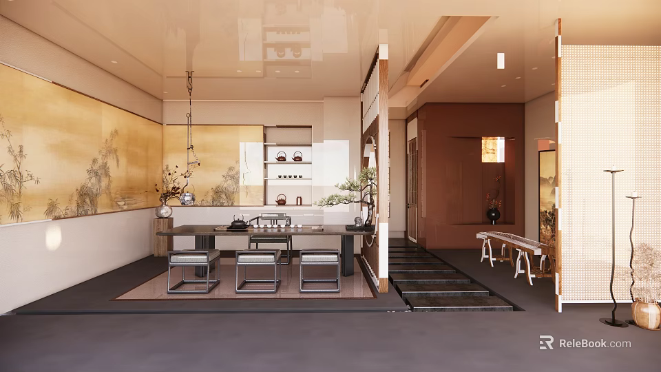 Traditional Tea House Interior With Wooden Furniture And Tea Sets 3d model 