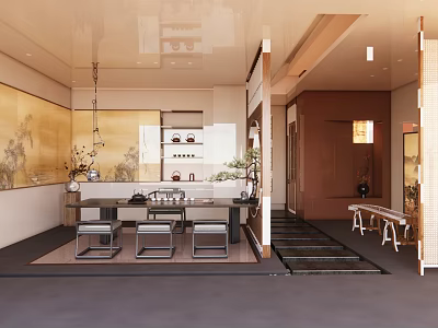 Traditional Tea House Interior With Wooden Furniture And Tea Sets 3d model