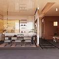 Traditional Tea House Interior With Wooden Furniture And Tea Sets