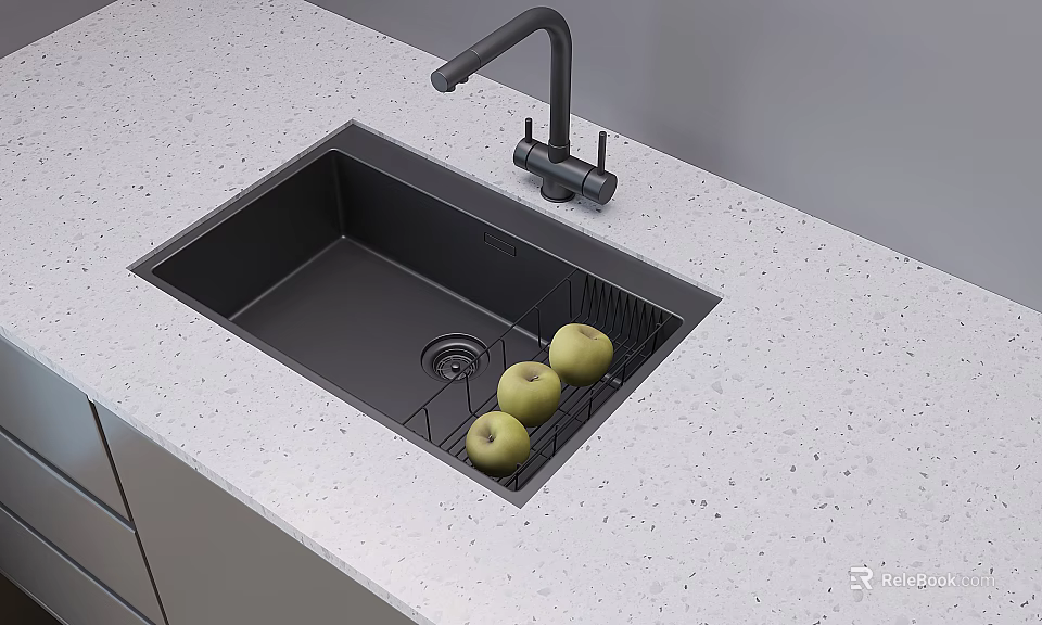 Black Kitchen Faucet Above Sink With Dish Rack And Green Apples On White Speckled Countertop 3d model 