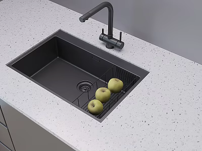Black Kitchen Faucet Above Sink With Dish Rack And Green Apples On White Speckled Countertop 3d model