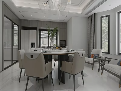 Modern Restaurant Interior With Round Dining Table Beige Chairs Chandelier And Large Windows 3d model