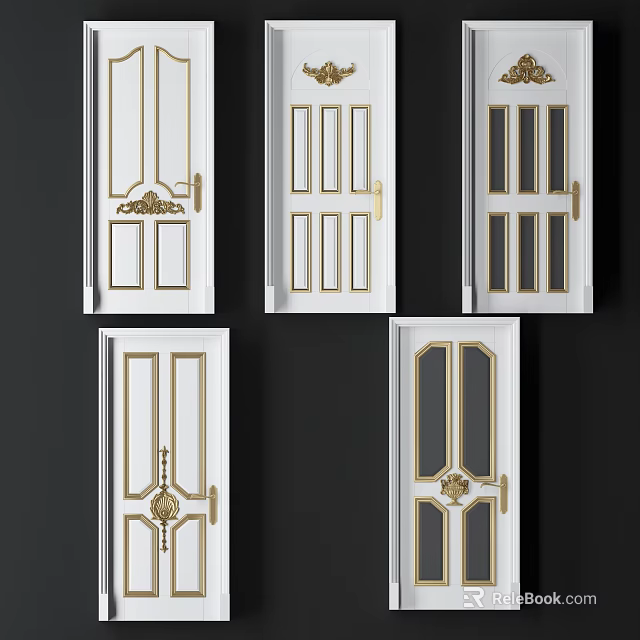 Variety of White Hinged Doors With Intricate Gold Accents And Classic Panel Designs 3d model 