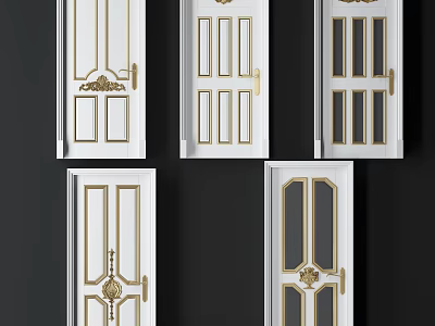 Variety of White Hinged Doors With Intricate Gold Accents And Classic Panel Designs 3d model