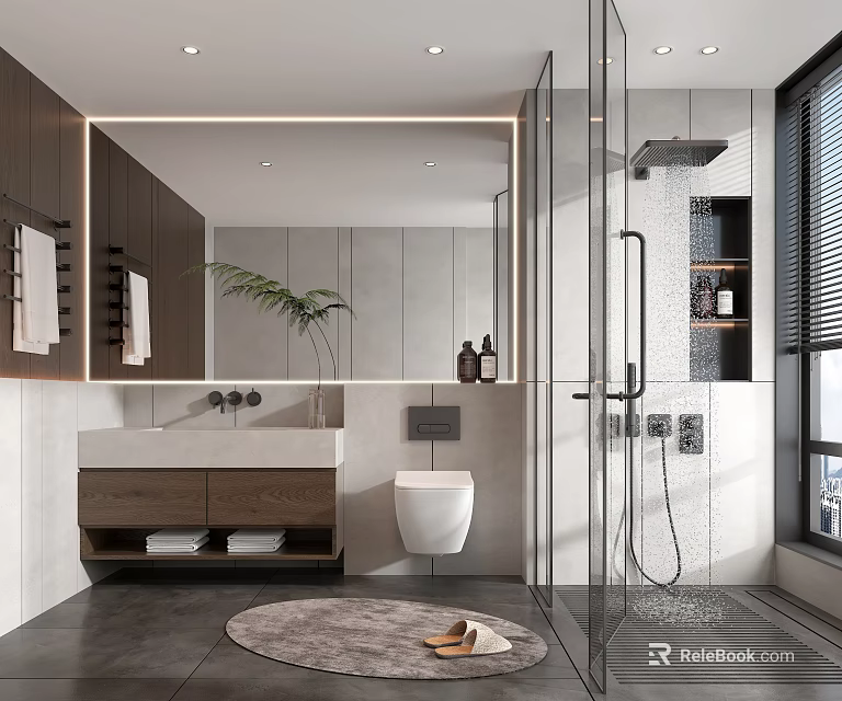 Modern Bathroom Interior Design With Glass Shower Enclosure Wooden Vanity And Wall Mounted Toilet 3d model 