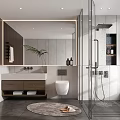 Modern Bathroom Interior Design With Glass Shower Enclosure Wooden Vanity And Wall Mounted Toilet