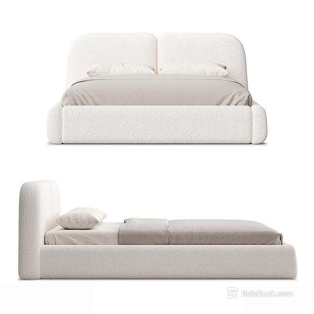Modern Cream Upholstered Double Bed With Plush Pillows And Neutral Bedding 3d model 