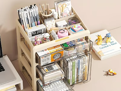 Notebook Organized in Wooden Storage Organizer with Stationery Books and Cartoon Figurines 3d model