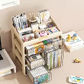 Notebook Organized in Wooden Storage Organizer with Stationery Books and Cartoon Figurines