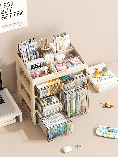 Notebook Organized in Wooden Storage Organizer with Stationery Books and Cartoon Figurines 3d model