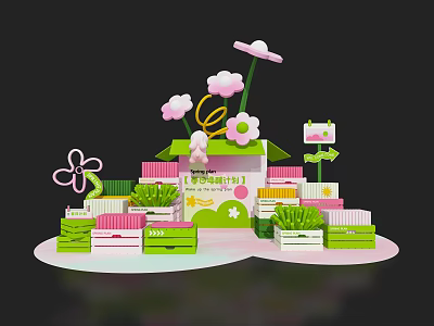 Colorful Photo Check-in Spot With Pink Flowers Green Boxes And Direction Signs 3d model