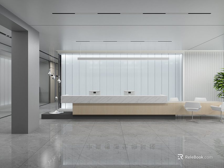 Modern Front Desk Reception Area With White Paneled Wall Polished Floor And Potted Plant 3d model 