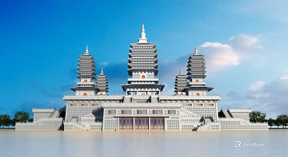 Ancient Architecture With Multiple Pagodas Traditional Roofs And Symmetrical Structure Under Blue Sky 3d model 