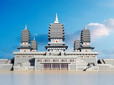 Ancient Architecture With Multiple Pagodas Traditional Roofs And Symmetrical Structure Under Blue Sky 3d model