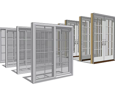 Various Sliding Door Designs Featuring Glass Panels and Different Frame Styles 3d model