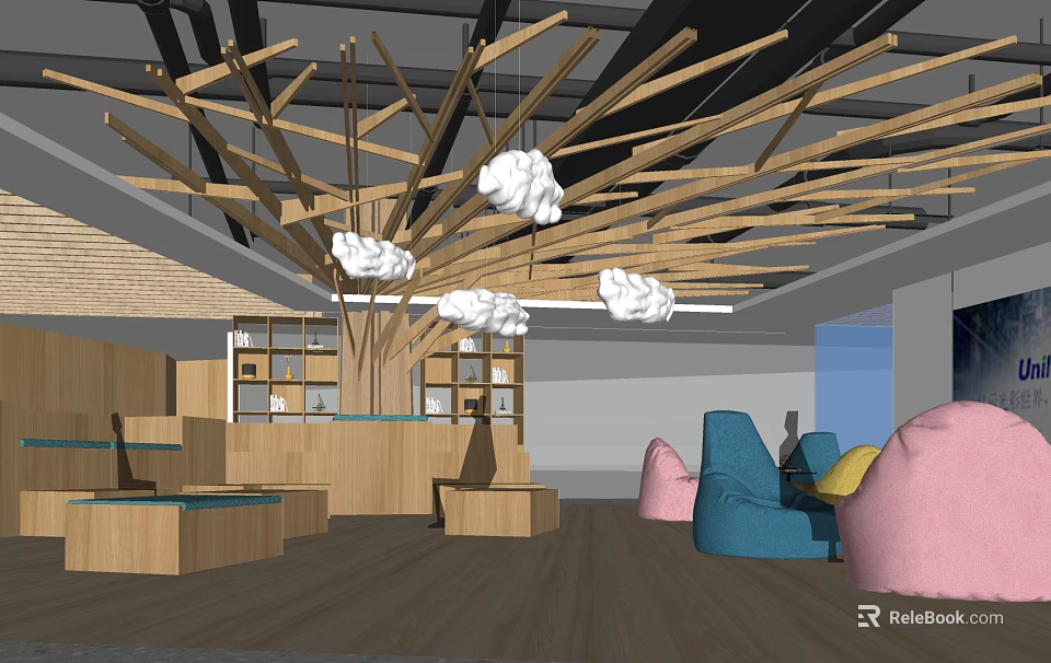 Casual Lounge Area With Wooden Ceiling Decor Cloud Pendant Lights And Colorful Bean Bags 3d model 