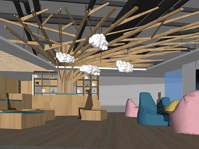 Casual Lounge Area With Wooden Ceiling Decor Cloud Pendant Lights And Colorful Bean Bags 3d model
