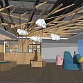 Casual Lounge Area With Wooden Ceiling Decor Cloud Pendant Lights And Colorful Bean Bags