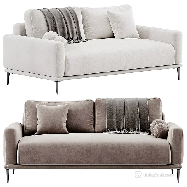 Modern Two Seater Sofa in Light Beige Fabric with Plush Pillows Throw Blanket and Metal Legs 3d model 