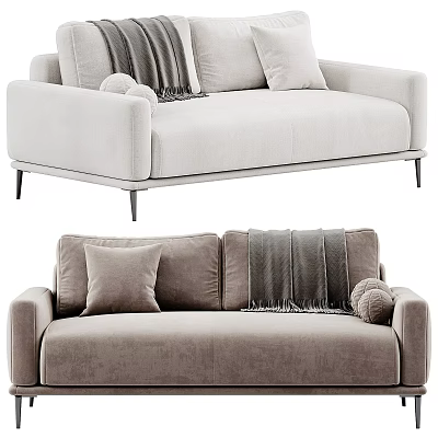 Modern Two Seater Sofa in Light Beige Fabric with Plush Pillows Throw Blanket and Metal Legs 3d model