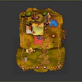 Cartoon Style Island Playground With Yellow Ground Red Fences Mushroom Trees And Water Pond