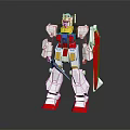 White Robot Character With Red Blue Yellow Accents Holding Shield And Sword