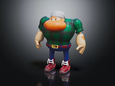 3D Cartoon Character With Green Plaid Shirt Red Shoes White Cap And Muscular Build 3d model