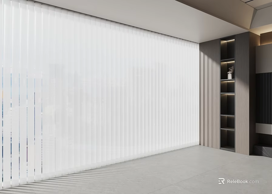 White Vertical Blinds In Modern Room Interior With Light Filtering 3d model
