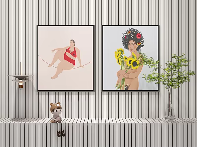 Two Female Figurative Paintings Red Swimsuit on Rope and Sunflower Bouquet Against Striped Wall Decorations 3d model