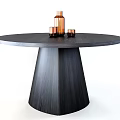 Round Black Wooden Dining Table With Conical Base And Copper Bottle Small Cups On Top 3d model