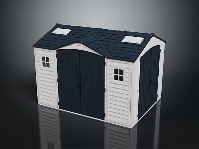 Residential Building With White Exterior Dark Blue Roof Double Doors Small Windows And Skylights 3d model