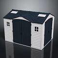 Residential Building With White Exterior Dark Blue Roof Double Doors Small Windows And Skylights