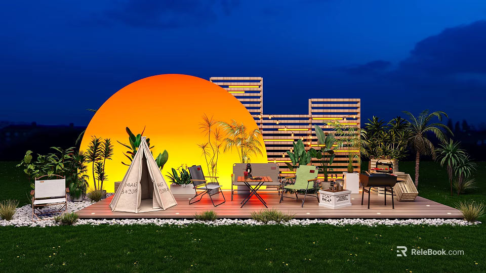 Artistic Floral Installation In Outdoor Night Scene With Orange Circular Decor Wooden Frames And Greenery 3d model 